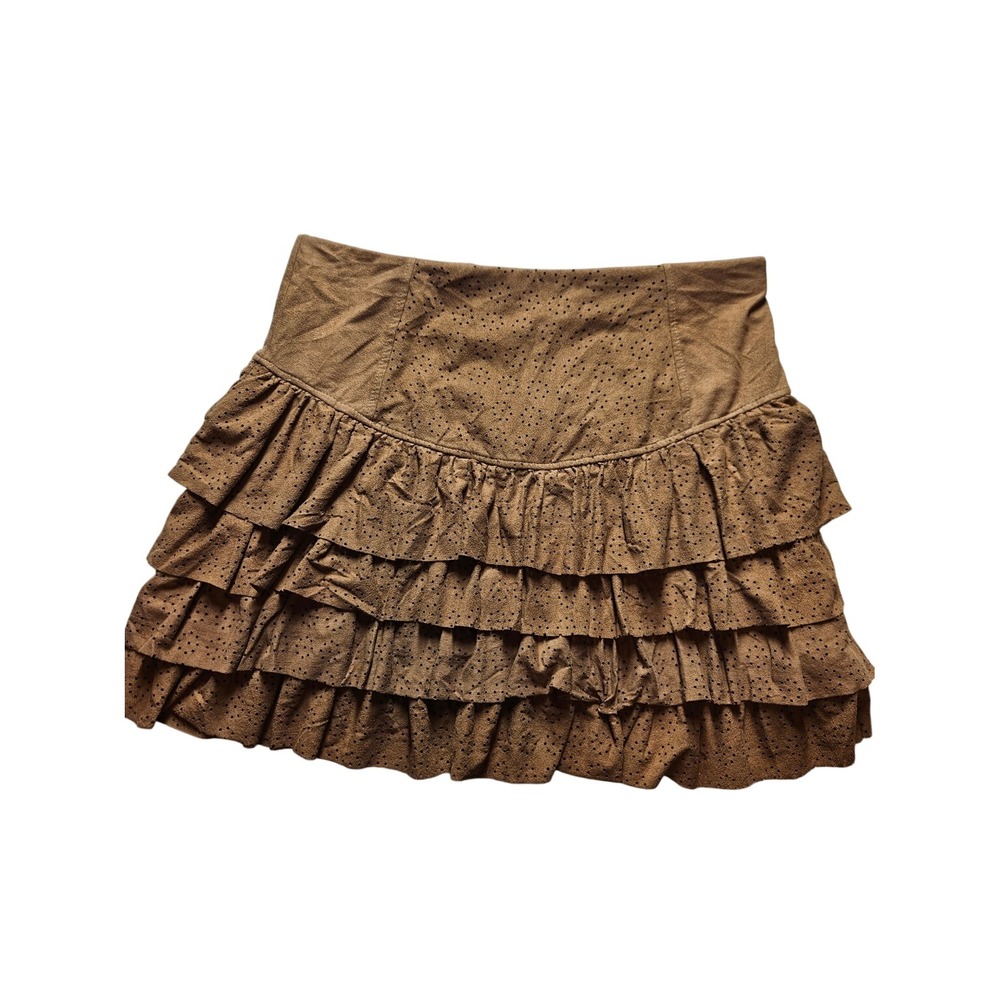 HM Brown Faux Suede Tiered Mini Skirt Laser Cut Eyelet Ruffle Boho Western Small